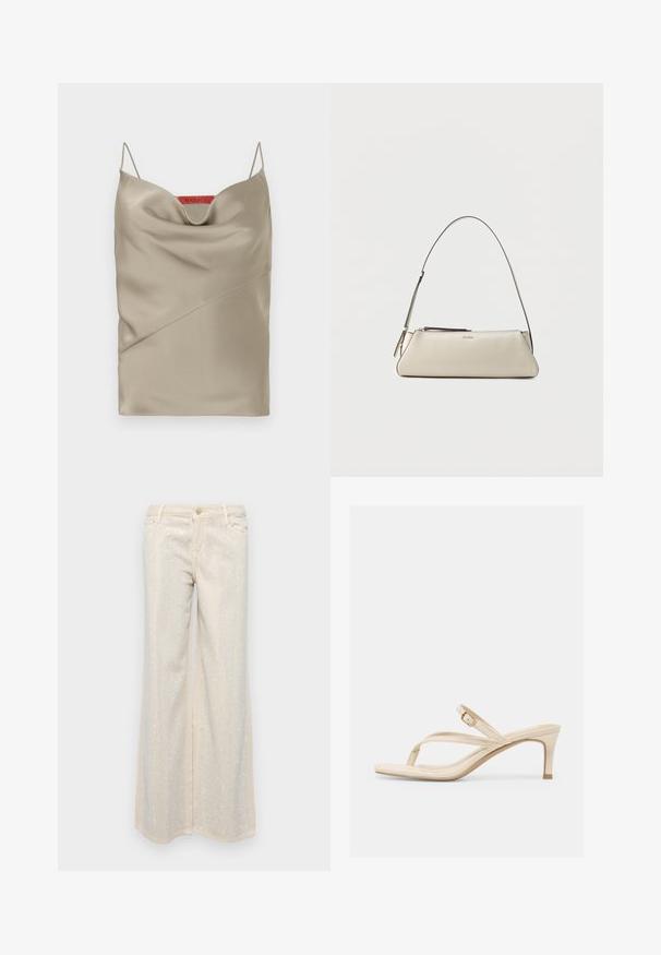 Satin topje in licht taupe met een gedrapeerde halslijn, dunne verstelbare bandjes en schuine naaddetails. Merklabel in het rood aan de achterkant.; Beige wijde broek met een gladde textuur, versierd met metallic zilveren pailletjes in een patroon aan de voorkant en achterkant.; Beige sandalen met hak, voorzien van een teensleuf, dunne bandjes, een verstelbare gouden gesp en een lage kittenhak op een witte achtergrond.; Kleine beige leren schoudertas met dunne band en ritssluiting, voorzien van een discreet metalen logo aan de voorzijde in het midden.