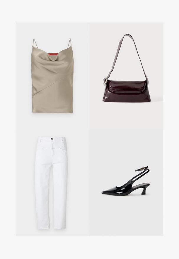 Satin-Camisole in hellem Taupe mit einem drapierten Ausschnitt, dünnen verstellbaren Trägern und diagonalen Nahtdetails. Markenlabel in Rot auf der Rückseite.; Weiße Jeans mit hoher Taille, geradem Schnitt, zwei vorderen Taschen und einer hinteren Tasche. Verfügt über einen Metallknopf und einen Reißverschluss.; Schwarze Lackleder Slingback-Absätze mit spitzem Schuhblatt, niedrigem Blockabsatz und verstellbarem Knöchelriemen mit goldener Schnalle.; Dunkel bordeauxrote Leder-Schultertasche mit Klappenverschluss und einem schmalen verstellbaren Riemen, präsentiert auf einem schlichten hellen Hintergrund.