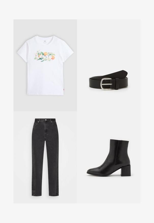 Witte T-shirt met korte mouwen, met een bloemen- en sinaasappelmotief achter de witte tekst "Levi's" op de borst.; Zwarte denim jeans met rechte pijpen en hoge taille, met een knoop en rits aan de voorkant en vijf zakken, op een witte achtergrond.; Zwarte leren enkellaarzen met een vierkante neus en blokhak. Gladde textuur, minimalistisch ontwerp en naadloze constructie.; Zwarte leren riem met een gladde textuur, voorzien van een metalen zilveren gesp en een taps toelopende punt. Eenvoudig, klassiek ontwerp.