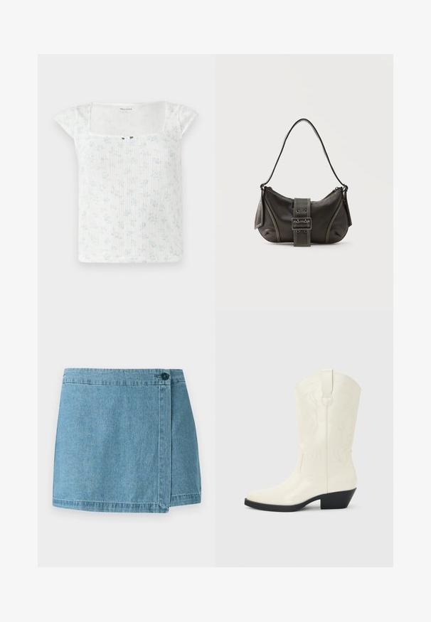 Hvid bluse med blomstermønster, korte ærmer, ribbet tekstur, firkantet halsudskæring og en lille knapdetalje på midten foran.; Denim nederdel i lyseblå, med et omslag-design, en enkelt knaplukning og en syet kant. Glat tekstur uden mønstre.; Hvid western-støvle til midt på læggen med spids tå, sort stablet hæl, dekorative sømme og trækflap på skaftet.; Sort læder skuldertaske med spænde på remmen, afrundede kanter og kontrasterende hvide syninger på en ensfarvet baggrund.