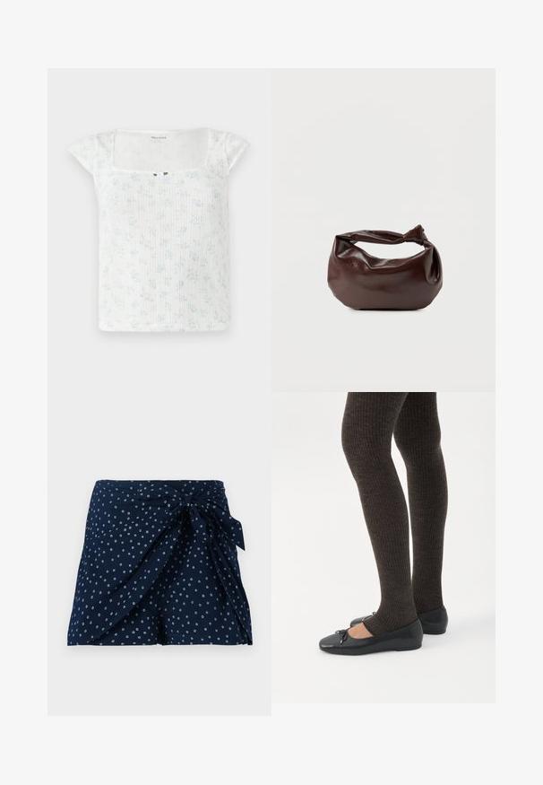 Weißes, blumig gemustertes Oberteil mit kurzen, schmalen Ärmeln, geripptem Material, quadratischem Ausschnitt und einem kleinen Knopfakzent in der Mitte vorne.; Dunkelblaue Shorts mit einem Wickeldesign und vorderem Bindedetail. Besitzt ein verstreutes kreisförmiges weißes Muster. Hergestellt aus leichtem Stoff.; Beine in dunklen, gerippten Leggings kombiniert mit schwarzen Ballerinas mit kleinen Schleifendetails auf weißem Hintergrund.; Dunkelbraune Lederschultertasche mit weicher, lockerer Form und einem gedrehten Knotengriff vor schlichtem weißem Hintergrund.