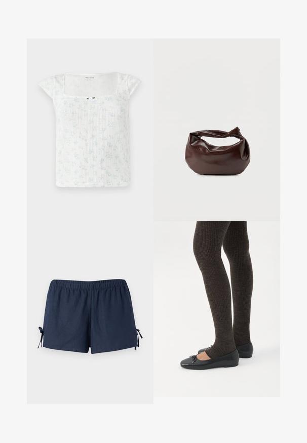 Witte top met bloemenpatroon, korte cap mouwen, geribbelde textuur, vierkante halslijn en een kleine knoopaccent in het midden voor.; Marineblauwe shorts met een elastische tailleband en verstelbare banden aan de zijkanten. De stof lijkt glad met een lichte glans. Ontspannen pasvorm, boven de knie.; Benen met donkere geribbelde leggings gecombineerd met zwarte ballerina's met kleine strikdetails op een witte achtergrond.; Donkerbruine leren schoudertas met een zachte, slungelige vorm en een gedraaide knoopvormige handgreep op een effen witte achtergrond.