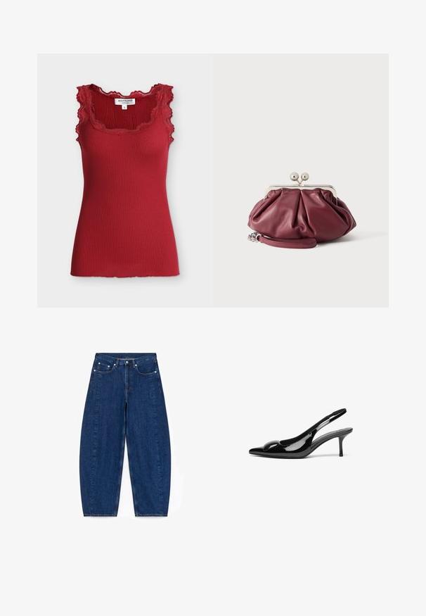 Top rouge côtelé sans manches avec bordure en dentelle autour de l'encolure et des emmanchures, taille petite, étiquette indiquant la marque Rosemunde Copenhagen.; Jean large en denim bleu foncé avec une taille haute, cinq poches et des attaches en métal argenté. Présente des coutures visibles et une texture lisse.; Escarpins slingback en cuir verni noir avec un bout pointu et une finition brillante. Présente un talon fin et un accent arrondi au dessus du pied.; Petite pochette en cuir bordeaux avec fermoir en métal argenté et bracelet pour poignet sur fond blanc.