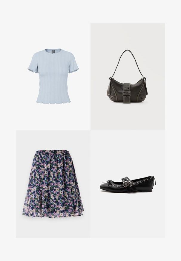 Lyseblå strikbluse med korte ærmer, ribstrikkede og blonde-lignende mønstre, rund halsudskæring og flæsekant på ærmer og bund.; Blomsterkjole med elastisk talje. Har en mørk navy baggrund med pink, hvide og grønne blomstermønstre. Let og svalende stof.; Sort flad balletsko med dobbelt spænde, sølvøjer og en lille sløjfe nær den runde tå på en hvid baggrund.; Sort læder skuldertaske med spænde på remmen, afrundede kanter og kontrasterende hvide syninger på en ensfarvet baggrund.