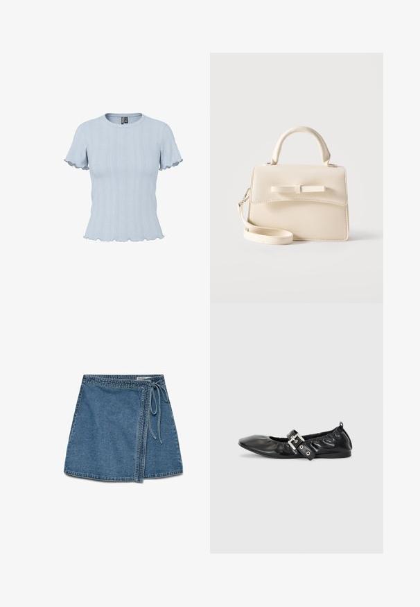 Lyseblå strikbluse med korte ærmer, ribstrikkede og blonde-lignende mønstre, rund halsudskæring og flæsekant på ærmer og bund.; Denim indigo omslagskørt i lys blå med et bånd i taljen, der har en lige pasform og en glat tekstur. Ingen synlige mønstre eller dekorationer.; Sorte læder flade sko med spids tå, samling detaljer omkring åbningen, og en sølv spænde accent på den justerbare rem.; Lille beige håndtaske med top-håndtag, aftagelig rem, forreste klap og dekorativ vandret sløjfe på en ensfarvet baggrund.