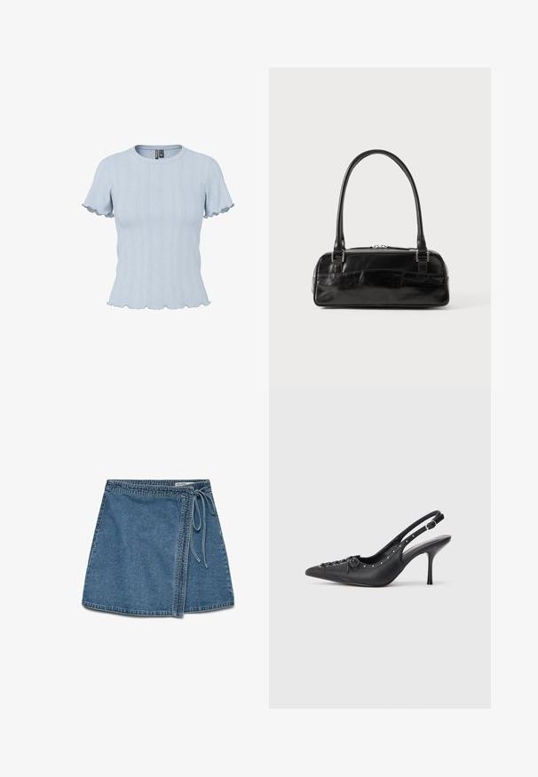 Lyseblå strikbluse med korte ærmer, ribstrikkede og blonde-lignende mønstre, rund halsudskæring og flæsekant på ærmer og bund.; Denim indigo omslagskørt i lys blå med et bånd i taljen, der har en lige pasform og en glat tekstur. Ingen synlige mønstre eller dekorationer.; Sorte læder slingback stiletto med spids tå, side spændebånd, nitter langs kanten og dekorativ snøring foran.; Sort læderhåndtaske med rektangulær form, der har et enkelt struktureret håndtag, sølvhardware og lynlås-lukning. Glat tekstur.