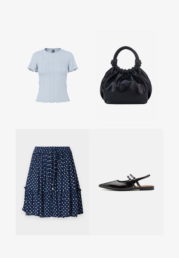 Haut en maille bleu clair à manches courtes avec motifs côtelés et effet dentelle, encolure ronde et bords volantés aux manches et à l'ourlet.; Jupe bleu marine à pois blancs, avec un ourlet volants et une taille élastique dotée d'un cordon de serrage pour un ajustement réglable.; Des chaussures slingbacks en cuir verni noir présentent un bout pointu, deux sangles avec des accents de boucle, et une semelle plate.; Sac à main en cuir noir souple avec le dessus froncé et deux grosses poignées nouées sur un fond uni clair.