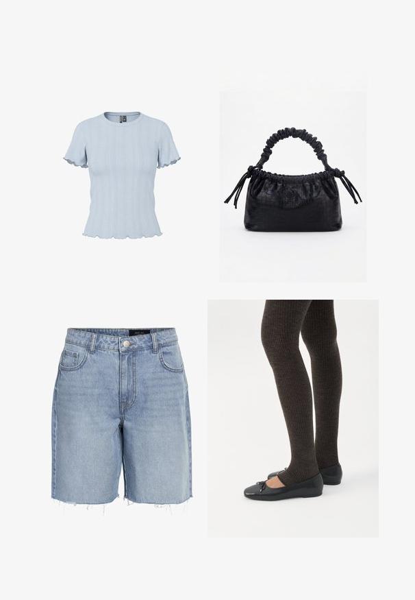 Top de punto azul claro de manga corta con patrones acanalados y tipo encaje, escote redondo y bordes con volantes en las mangas y el dobladillo.; Pantalones cortos de mezclilla azul claro con cintura alta, cinco bolsillos, dobladillo deshilachado y un cierre clásico de botón. Hechos de una suave tela texturizada.; Piernas con leggings oscuros acanalados combinados con bailarinas negras que presentan pequeños detalles de lazo sobre un fondo blanco.; Bolso negro con textura de cocodrilo, borde superior fruncido, asa recogida y cordones con borlas en cada lado sobre un fondo blanco.