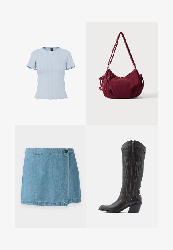 Hellblaues Kurzarm-Strickoberteil mit Rippen- und spitzenähnlichen Mustern, rundem Ausschnitt und gerafften Kanten an Ärmeln und Saum.; Jeansrock in Hellblau, mit einem Wickeldesign und einem einzelnen Knopfverschluss sowie einem genähten Saum. Glatte Textur ohne Muster.; Braune Cowboy-Stiefel aus Leder mit Flammenstickerei, seitlichem Reißverschluss, silbernen Nieten, spitzer Zehenpartie und geschichtetem Absatz.; Weiche bordeauxrote Cord-Schultertasche mit verstellbarem Riemen, Reißverschluss, seitlichen Bändern und einer vorderen Reißverschlusstasche.