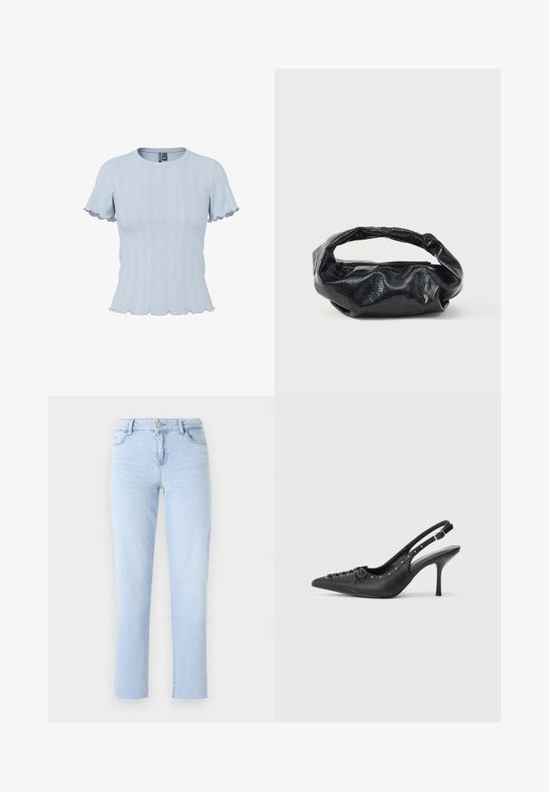 Lyseblå strikbluse med korte ærmer, ribstrikkede og blonde-lignende mønstre, rund halsudskæring og flæsekant på ærmer og bund.; Lyseblå lige ben jeans lavet af denim, med en standard talje, fem lommer og subtile sømdetaljer.; Sorte læder slingback stiletto med spids tå, side spændebånd, nitter langs kanten og dekorativ snøring foran.; Sort taske lavet af blankt, tekstureret materiale med et cirkulært, snoet håndtag og lynlås. Har et blødt, rynket design.