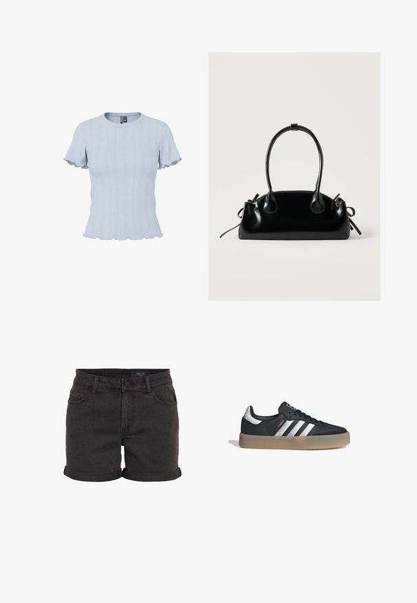 Top de punto azul claro de manga corta con patrones acanalados y tipo encaje, escote redondo y bordes con volantes en las mangas y el dobladillo.; Pantalones cortos de mezclilla negros con puños enrollados, que cuentan con un diseño de cinco bolsillos y un cierre de botón en la cintura. Textura suave, ajuste casual.; Zapatilla deportiva de cuero negro con tres rayas plateadas, punta texturizada y suela de goma. Cuenta con un collar acolchado y un diseño con cordones.; Pequeño bolso negro brillante con dos asas largas y detalles de cordón lateral sobre un fondo claro liso.