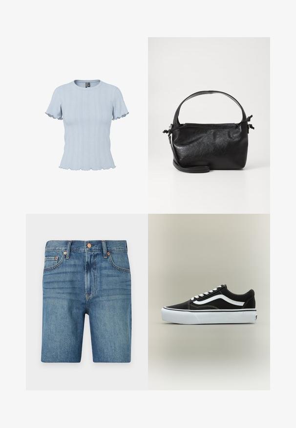 Lichtblauw gebreid topje met korte mouwen, geribde en kantachtige patronen, ronde hals en geplooide randen aan mouwen en zoom.; Lichtblauwe denim shorts met een klassiek snit, vijf zakken en koperen accenten voor contrast. Geweven, middelzwaar materiaal.; Lage zwarte sneaker met witte zijstreep, witte veters, witte rubberen zool en gestructureerde neus op een neutrale achtergrond.; Zwarte leren handtas met een gestructureerd ontwerp, een ronde bovenhandgreep en een afneembare schouderriem. Beschikt over een gladde textuur en een subtiele glans.