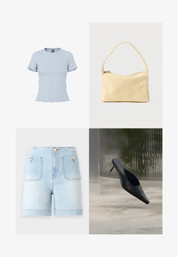 Lichtblauw gebreid topje met korte mouwen, geribde en kantachtige patronen, ronde hals en geplooide randen aan mouwen en zoom.; Lichtblauwe denim korte broek met hoge taille, met twee voorzakken, gouden hardware accenten en een nette zoom.; Zwarte mule met puntige neus en dunne hoge hak, die boven een gladde betonnen vloer zweeft, met een wazige verticale gestreepte achtergrond.; Kleine beige leren handtas met een enkele band en zilveren studs langs de randen en band, tegen een effen achtergrond.