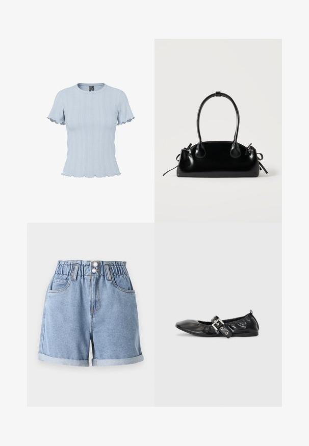 Lichtblauw gebreid topje met korte mouwen, geribde en kantachtige patronen, ronde hals en geplooide randen aan mouwen en zoom.; Lichtblauwe denim shorts met een elastische tailleband, twee voorkruiden, omgeslagen zoom en dubbele knoopsluiting. Gladde textuur, casual ontwerp.; Zwarte leren platte schoen met een spitse neus, geplooide details rond de opening en een zilveren gespaccentueerde verstelbare band.; Kleine zwarte glanzende handtas met twee lange hengsels en zijkant trekkoord details op een effen lichte achtergrond.