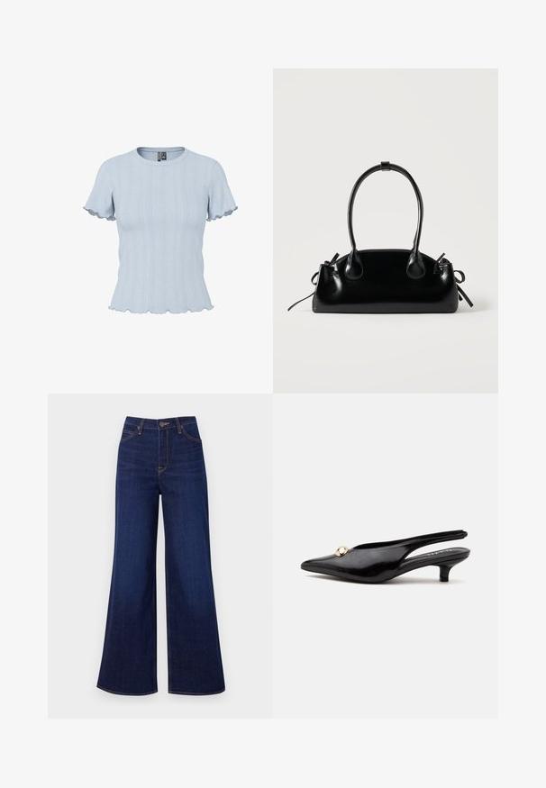 Top de punto azul claro de manga corta con patrones acanalados y tipo encaje, escote redondo y bordes con volantes en las mangas y el dobladillo.; Jeans de pierna ancha de un azul oscuro, hechos de denim, con una cintura alta, diseño de cinco bolsillos y costuras naranjas contrastantes a lo largo de las costuras.; Zapato negro de charol con tacón bajo tipo kitten, puntera puntiaguda y un pequeño adorno redondo dorado en la parte superior.; Pequeño bolso negro brillante con dos asas largas y detalles de cordón lateral sobre un fondo claro liso.