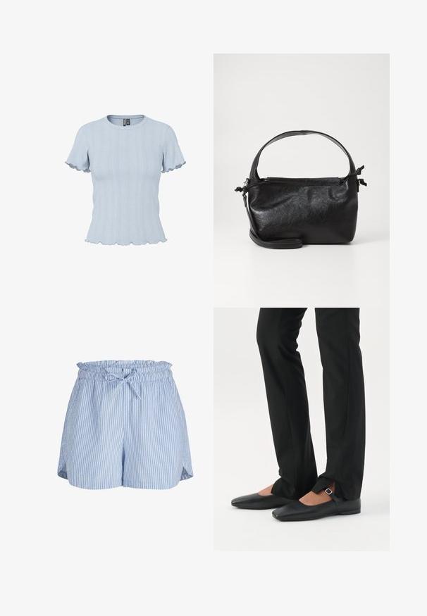 Lyseblå strikbluse med korte ærmer, ribstrikkede og blonde-lignende mønstre, rund halsudskæring og flæsekant på ærmer og bund.; Lyseblå og hvide vertikale stribede dame shorts med elastisk talje og bundet snøre foran.; Ben iført sorte smalle bukser med forreste slidser ved kanten, parret med sorte flade Mary Jane-sko med lille spænde.; Sort læderhåndtaske med et struktureret design, rund tophåndtag og aftagelig skulderrem. Den har en glat tekstur og en subtil glans.