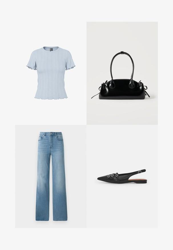 Hellblaues Kurzarm-Strickoberteil mit Rippen- und spitzenähnlichen Mustern, rundem Ausschnitt und gerafften Kanten an Ärmeln und Saum.; Helleblaue hochtaillierte Jeans mit geradem Bein. Aus Denim gefertigt, mit fünf Taschen und einem Knopfverschluss.; Schwarze Leder-Slingback-Ballerina mit spitzem Zeh, ausgestattet mit zwei horizontalen Riemen und quadratischen silbernen Schnallen, mit flachem Absatz und glatter Oberfläche.; Kleine schwarze glänzende Handtasche mit zwei langen Griffen und seitlichen Kordelzug-Details vor einfachem hellem Hintergrund.