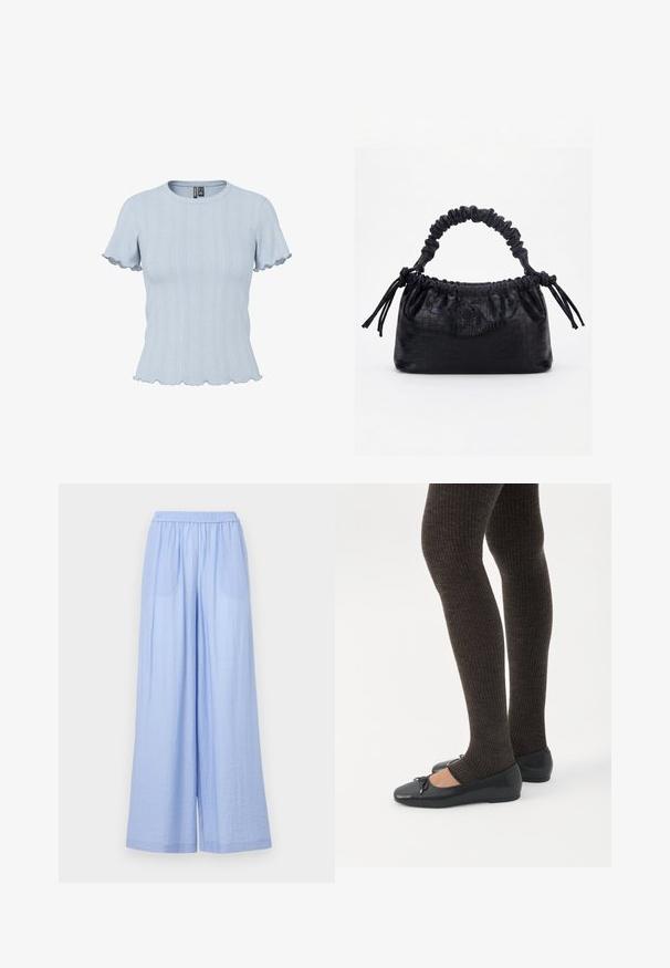 Haut en maille bleu clair à manches courtes avec motifs côtelés et effet dentelle, encolure ronde et bords volantés aux manches et à l'ourlet.; Pantalons larges bleu clair en tissu texturé, avec une taille élastique et deux poches latérales.; Jambes portant des leggings côtelés foncés associés à des ballerines noires avec de petits détails en nœud sur fond blanc.; Sac à main noir avec texture crocodile, bord supérieur froncé, poignée plissée et pompons à cordon de chaque côté sur fond blanc.