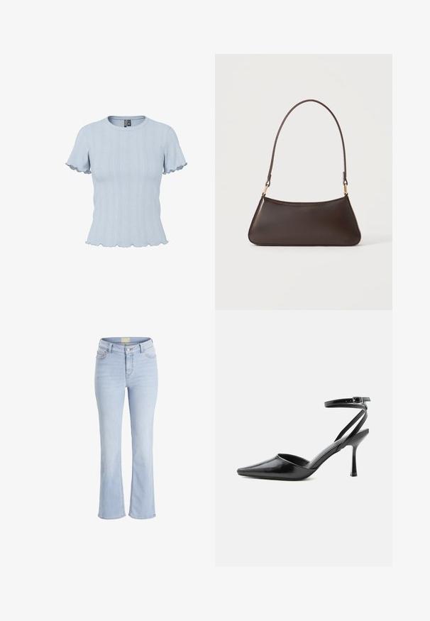 Lichtblauw gebreid topje met korte mouwen, geribde en kantachtige patronen, ronde hals en geplooide randen aan mouwen en zoom.; Lichtblauwe flared jeans van denim met een hoge taille, vijf zakken en een ritsgulp. Bevat een subtiele wassing en gestikte details op de naden.; Zwarte pumps met puntige neus, dunne enkelbandjes en een zilveren gesp op een effen lichte achtergrond.; Donkerbruine leren handtas met een gebogen bovenrits en een dunne schouderriem met gouden sluitingen op een effen achtergrond.