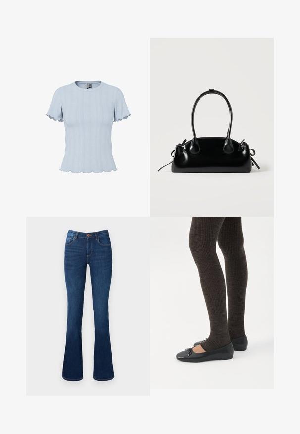 Lichtblauw gebreid topje met korte mouwen, geribde en kantachtige patronen, ronde hals en geplooide randen aan mouwen en zoom.; Uitlopende blauwe denim jeans met een middelhoge taille, voorzien van voor- en achterzakken, oranje stiksels en een knoopsluiting.; Benen met donkere geribbelde leggings gecombineerd met zwarte ballerina's met kleine strikdetails op een witte achtergrond.; Kleine zwarte glanzende handtas met twee lange hengsels en zijkant trekkoord details op een effen lichte achtergrond.
