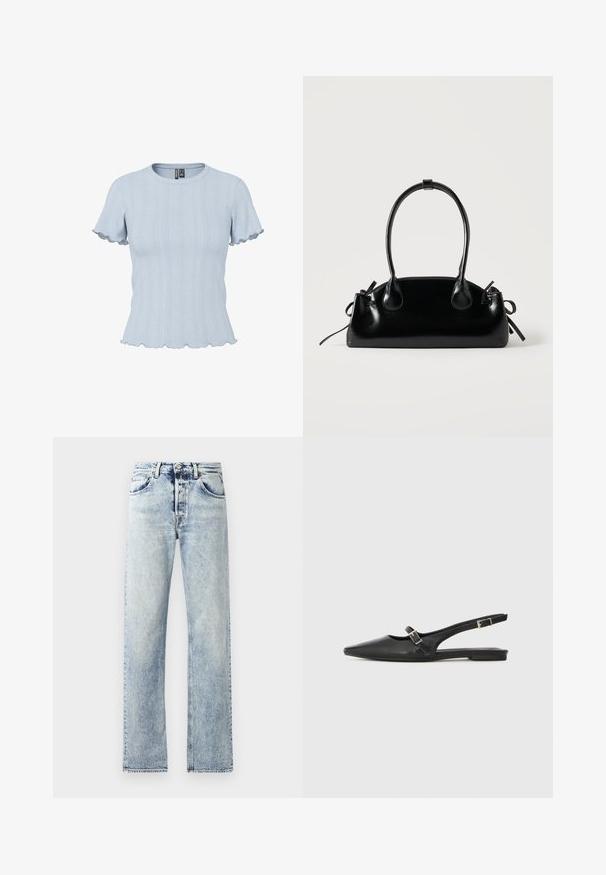Lichtblauw gebreid topje met korte mouwen, geribde en kantachtige patronen, ronde hals en geplooide randen aan mouwen en zoom.; Lichtblauwe denim jeans met een rechte pijp design. Kenmerken zijn onder andere vijf zakken, riemlussen en een rafelige zoom aan de onderkant.; Zwarte leren slingback schoenen met een spitse neus, voorzien van een smalle band en een zilveren gesp aan de zijkant. Platte zool.; Kleine zwarte glanzende handtas met twee lange hengsels en zijkant trekkoord details op een effen lichte achtergrond.