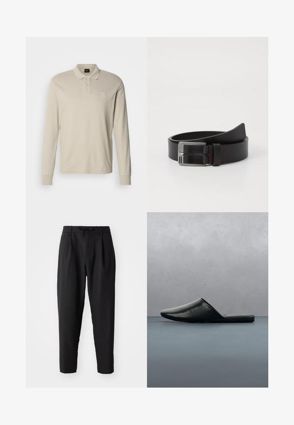 Beige poloshirt met lange mouwen, gemaakt van zacht materiaal, voorzien van een klassieke kraag, drie knopen en een klein logoplaatje op de borst.; Zwarte tapering broek met een elastische tailleband en trekkoord. Glad materiaal met een lichte textuur, voorzien van plooien en zijzakken.; Zwarte leren instap-muleschoen zwevend boven houten vierkante tegels met kiezelstenen, een kleine boom en een stenen ondergrond op de vervaagde achtergrond.; Zwarte leren riem met een zilveren metalen gesp en rode stikselaccenten, met een gladde, matte textuur en een klassiek ontwerp.