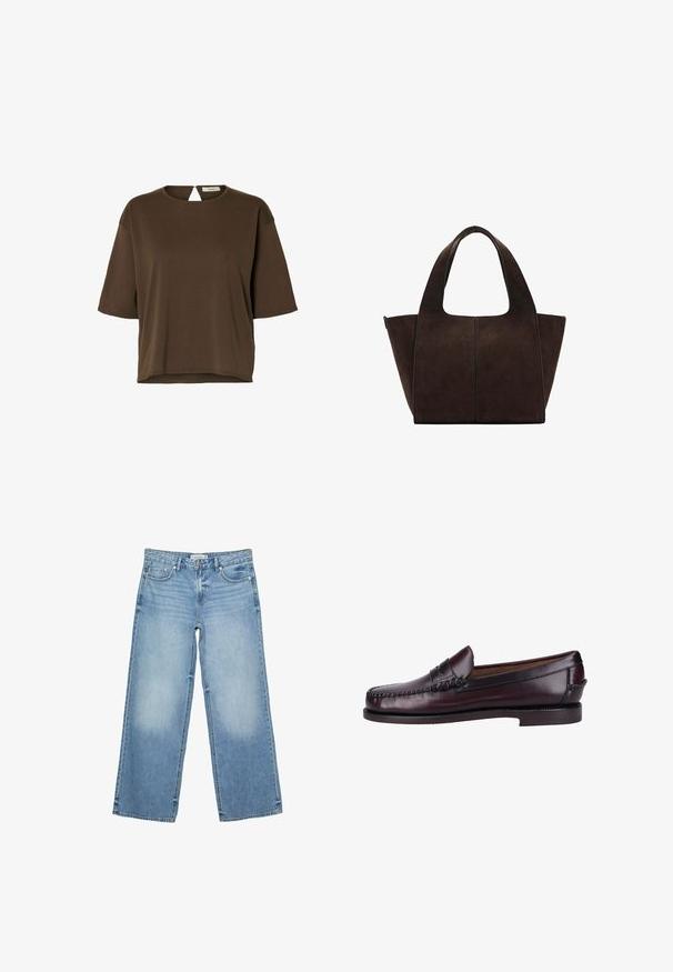 Haut marron à manches courtes et coupe ample, avec encolure ronde et petite ouverture en forme de trou de serrure dans le dos, fabriqué en tissu tricoté doux.; Jean large bleu clair en denim. Les caractéristiques incluent des poches avant, une fermeture éclair et un léger délavage le long des cuisses.; Mocassin en cuir marron avec une finition lisse, des détails de couture sur le dessus, et un petit talon empilé. Design classique à enfiler avec un embout arrondi.; Sac cabas en daim marron foncé avec larges bretelles et forme trapézoïdale, doté d'une couture centrale et d'une texture lisse.