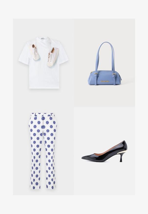 Hvid bomulds-T-shirt med grafisk tryk af beige sneakers med snørebånd. Rund hals og korte ærmer, enkelt og rent design.; Hvide bukser med store blå prikker, med flad front, to sidelommer og lige ben. Glat stoffrist.; Sort laklæder kitten heel-sko med spids tå og gyldent accent på bagsiden af hælen, vist på en hvid baggrund.; Lyseblå rektangulær håndtaske med to lange stropper, gyldne spændeker, lynlås øverst og "LOVE MOSCHINO" logo i gyldne bogstaver foran.