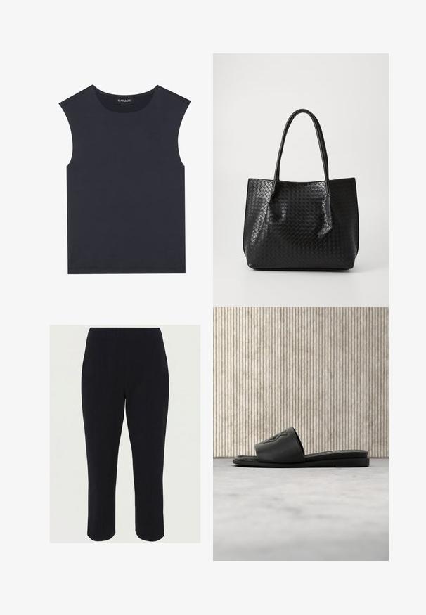 Haut sans manches de couleur bleu marine. Fabriqué en tissu doux et lisse avec un col rond et un ourlet droit. Pas de motifs ni de matériel visible.; Pantalon noir ajusté taille haute, longueur cheville, coupe droite avec un détail discret de couture avant.; Sandale slide noire avec les lettres embossées "D" et "N" sur la lanière, posée sur un tapis clair près d'une table translucide ambrée.; Sac de tote en cuir tressé noir avec deux poignées, forme structurée et finition légèrement brillante sur un fond clair.