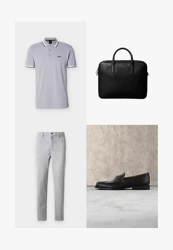 Lichtgrijs poloshirt met zwart-witte strepen op de kraag en mouwen, een drieknopenbies en een klein geborduurd logo op de borst.; Grijze katoenen chino's met een rechte pasvorm, voorzien van een knoopsluiting, riemlussen en zijzakken. Soepele textuur met minimale stikseldetails.; Zwarte leren loafer met gouden metalen gesp en "HUGO" branding, weergegeven tegen een beige tapijt en bruin doorschijnend meubilair.; Zwarte gestructureerde leren aktetas met dubbele handvatten en zilveren ritstrekkers, gecentreerd op een witte achtergrond.
