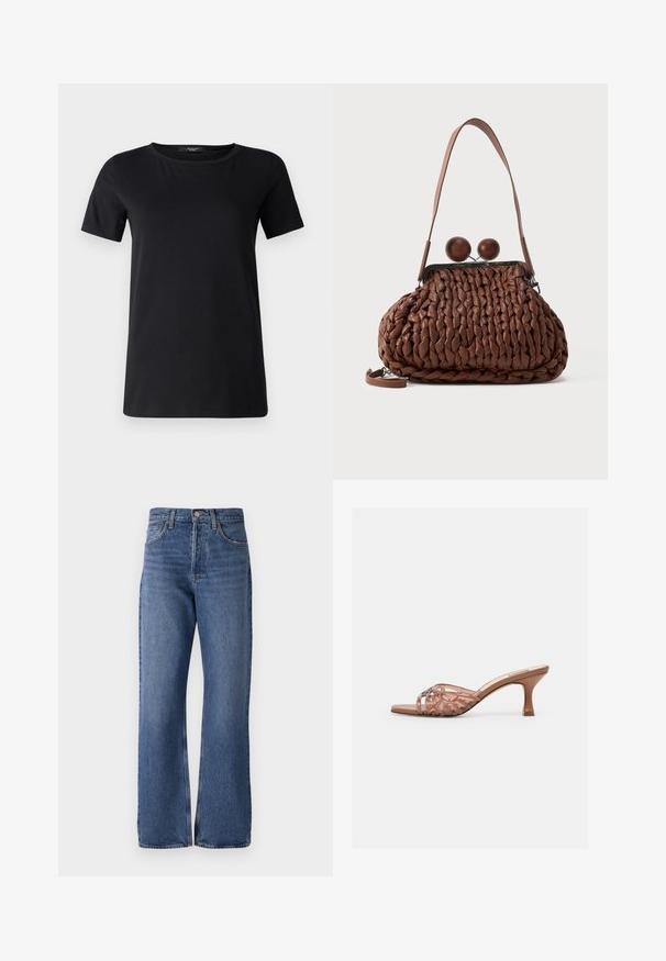 Weekend Max Mara T-shirts basic - nero; Blå denim jeans med høj talje, bred ben silhuet, klassisk fem-lomme design og subtilt falmende effekt i hele stoffet.; Brun åben-tå mule sandal med flettede overremme og en mellemhøj, buet hæl på en helt hvid baggrund.; Brun flettet læderhåndtaske med en enkelt strop og to store runde trælukninger på toppen.