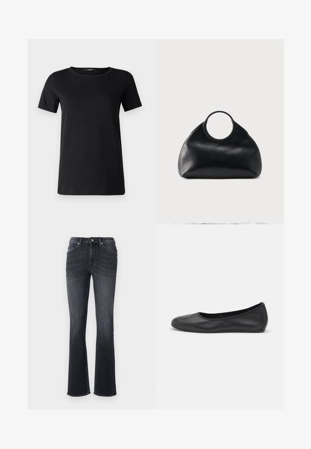 Weekend Max Mara T-shirts basic - nero; Mørke denim flare jeans med lynlås og metal knap, forlommer og subtil forvitring for tekstur. Klassisk fem-lomme design.; Sort læderballetsko med rund tå, glat tekstur, minimal syning og et fleksibelt såldesign.; Sort læderhåndtaske med rundet form og cirkulært top-håndtag indpakket i matchende lædersyning.