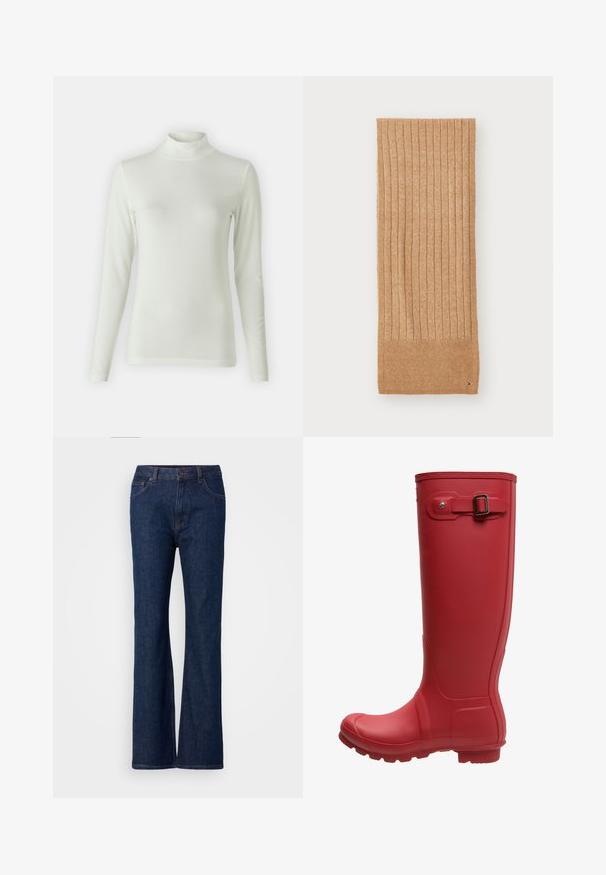 Top de manga larga con cuello de tortuga en color crema claro, fabricado con una tela suave y elástica. Diseño ajustado con una textura de canalé en el escote.; Jeans de mezclilla azul acampanados con cintura alta, que cuentan con una textura suave, cierre de botón metálico y diseño de cinco bolsillos.; Bota de lluvia de goma roja con caña alta, puntera redondeada, suela texturizada y un accesorio de hebilla metálica en el lateral. Superficie suave y diseño flexible.; Bufanda beige acanalada hecha de material texturizado, con un tejido acanalado más ancho en los extremos y un pequeño detalle de logo en la esquina.