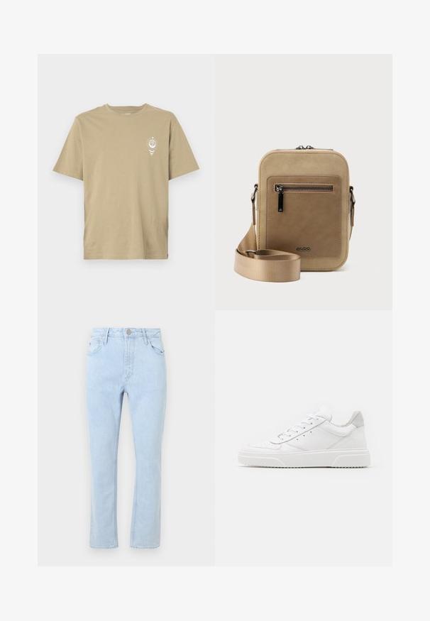 Beige kortærmet t-shirt lavet af blød bomuld, med et lille hvidt grafisk design på venstre brystområde. Ensfarvet ryg.; Lysblå denim jeans med lige ben-design, fem lommer, falmet tekstur og en metaltrykknaplukning i taljen.; Hvide lædersneakers med en glat finish, rund tå, flade snørebånd og en struktureret sål. Grå ruskindsdetalje ved hælen.; Lille beige crossbody-taske med lynlåslomme foran, metal ALDO-logo, justerbar bred rem og rundet rektangulær form på hvid baggrund.