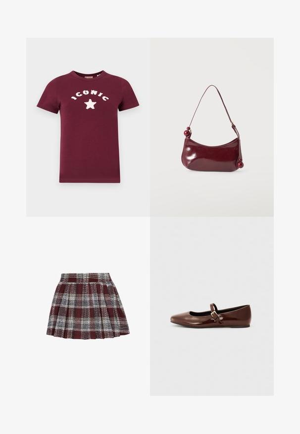 Maroon bomulds T-shirt med hvid tekst, der siger "ICONIC", samt et stjerne-design på forsiden. Korte ærmer og rund halsudskæring.; Rød og sort ternet plisseret nederdel med et struktureret stof. Har en tætsiddende talje og et svungent design med skiftende hvide og grønne linjer.; Brun patentlæder balletflade med firkantet tå og strop med en lille guldbuckle. Glat tekstur, lav hæl og minimalistisk design.; Lille skinnende mørkerød skuldertaske med en buet topkant og dekorative runde perler på remmenes ender.