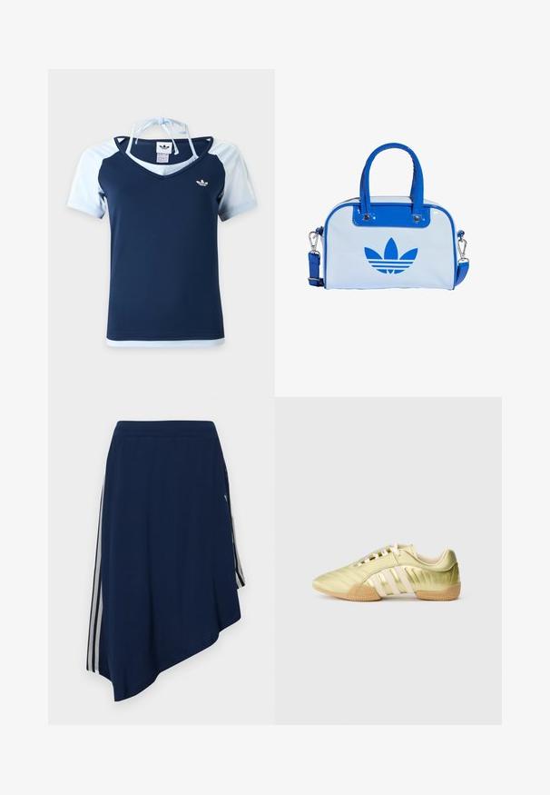 Κοντομάνικη μπλούζα Adidas σε ναυτικό και ανοιχτό μπλε με V-λαιμόκοψη, λογότυπο στο στήθος και τιράντα halter δεμένη στο πίσω μέρος του λαιμού.; Μπλε ναυτικό ασύμμετρη φούστα με λευκές κάθετες ρίγες στις πλευρές και υφασμάτινο σχέδιο υφής.; Λαχανί συνθετικό αθλητικό παπούτσι με λείο υφή, που διαθέτει τρεις λευκές ρίγες, απαλό εσωτερικό επένδυση και υφή από καουτσούκ στην εξωτερική σόλα.; Μπλε και λευκή τσάντα χειρός με γυαλιστερό φινίρισμα, που διαθέτει δύο μπλε χερούλια, αποσπώμενο ιμάντα ώμου και ένα εμφανές μπλε λογότυπο στο μπροστινό μέρος.