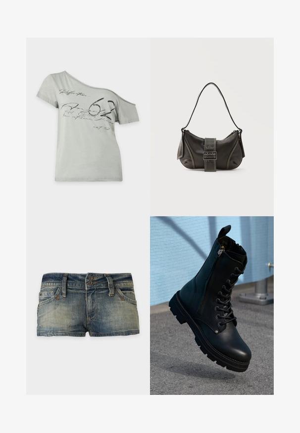 Hellgraues T-Shirt mit kurzen Ärmeln, asymmetrischem Off-Shoulder-Ausschnitt sowie schwarzer Schrift und großem „62“-Print auf der Vorderseite.; Ausgeblichene blaue Jeansshorts mit sichtbaren Nähten, Gürtelschlaufen, Vordertaschen und doppeltem Knopfverschluss, auf schlichtem Hintergrund präsentiert.; Schwarze Lederstiefeletten mit Schnürdesign, seitlichem Reißverschluss, strukturiertem Finish und einer robusten Sohle mit ausgeprägtem Profil.; Schwarze Leder-Schultertasche mit Schnallengurt-Detail, abgerundeten Kanten und kontrastierenden weißen Nähten auf schlichtem Hintergrund.