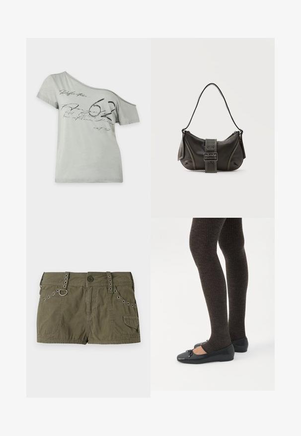 Camiseta de manga corta gris claro con escote asimétrico caído en un hombro, inscripción negra y gráfico grande de “62” en la parte delantera.; Pantalones cortos de color verde oliva fabricados con una tela ligera, con una cinturilla con acentos metálicos y bolsillos laterales. Superficie texturizada con detalles de costura.; Piernas con leggings oscuros acanalados combinados con bailarinas negras que presentan pequeños detalles de lazo sobre un fondo blanco.; Bolso de hombro de cuero negro con detalle de correa con hebilla, bordes curvos y costuras blancas en contraste sobre un fondo liso.
