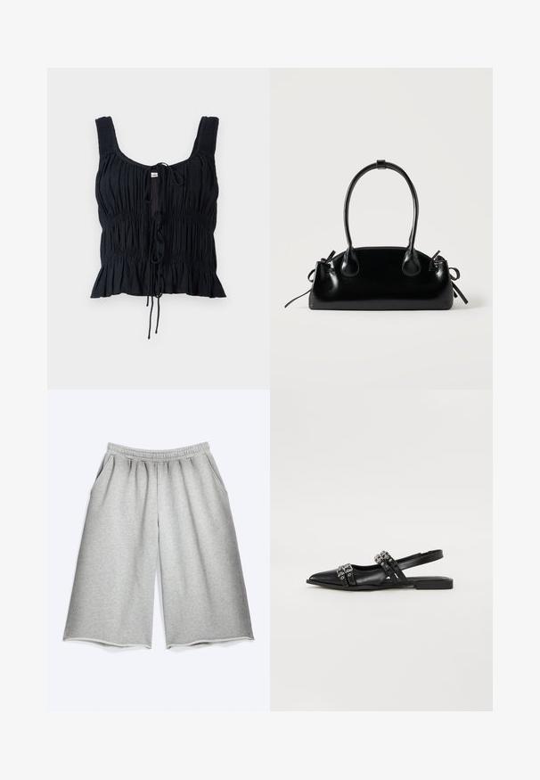 Crop top noir en tissu texturé, avec un design froncé, un lien ajustable à l'avant et des bretelles larges.; Shorts larges gris clair longueur genoux avec taille élastique et poches latérales sur fond blanc uni.; Even&Odd by Zalando Ballerines à brides arrière - black; Petit sac à main noir brillant avec deux longues anses et des détails à cordon sur les côtés sur un fond clair uni.