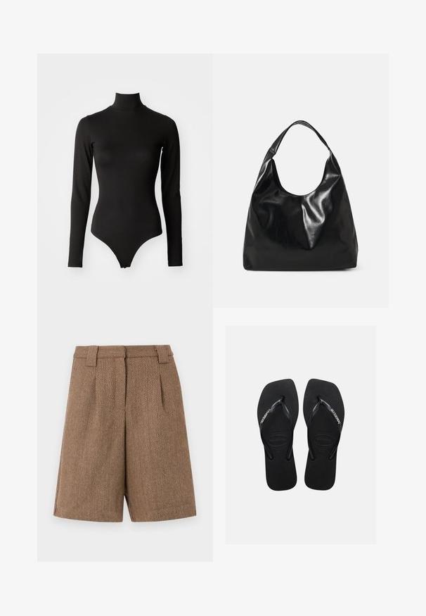 Sort langærmet bodysuit med høj hals, der har en tætsiddende design og en glat stoftekstur, som ender i en thong-stil bund.; Brune skræddersyede shorts med hætte mønster og bæltestropper samt frontfolder, præsenteret på en ensfarvet hvid baggrund.; Sorte gummiflip-flops med teksturerede såler og tynde stropper med Havaianas-logo i hvidt på en ensfarvet baggrund.; Sort læder hobo taske med en blød, skinnende tekstur og en rund, åben top. Har en bred, buet strop til bæring. Ingen synlig hardware.