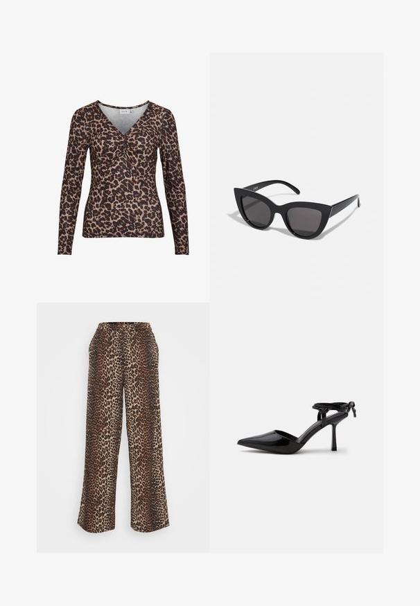 Dlhý rukáv top s leopardím vzorom a výstrihom do V, s nariasením v strede, vyrobený z mäkkého, elastického materiálu.; Nohavice so širokými nohavicami s leopardím vzorom, vybavené elastickým pásom a bočnými vreckami, vyrobené z mäkkej tkaniny v hnedých a béžových odtieňoch.; Čierne lakované topánky na vysokom opätku so špicatou špičkou a remienkom okolo členku zviazaným na uzol vzadu, zobrazené na jednoliatom bielom pozadí.; Čierne slnečné okuliare v štýle mačacích očí s matným povrchom, so šedými tónovanými sklami, ostrými hranami a elegantnými bokovými ramenami. Názov značky je viditeľný na vnútornom ramene.