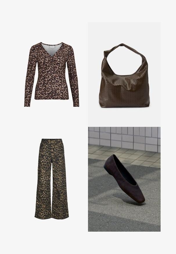 Langærmet top med leopardmotiver og V-udskæring, der har en samling i midten og er lavet af et blødt, strækbart stof.; Bukser med vide ben med et brunt og sort leopardmønster over det hele samt foran med knapper og lynlås.; Enkelt mørkebrun flad sko svævende over tekstureret jord med baggrund af flisebelagt væg.; Brun flettet lædertaske med en blød, slasket form, et enkelt håndtag og en tekstureret overflade. Den har en blød, blank finish og afrundede kanter.