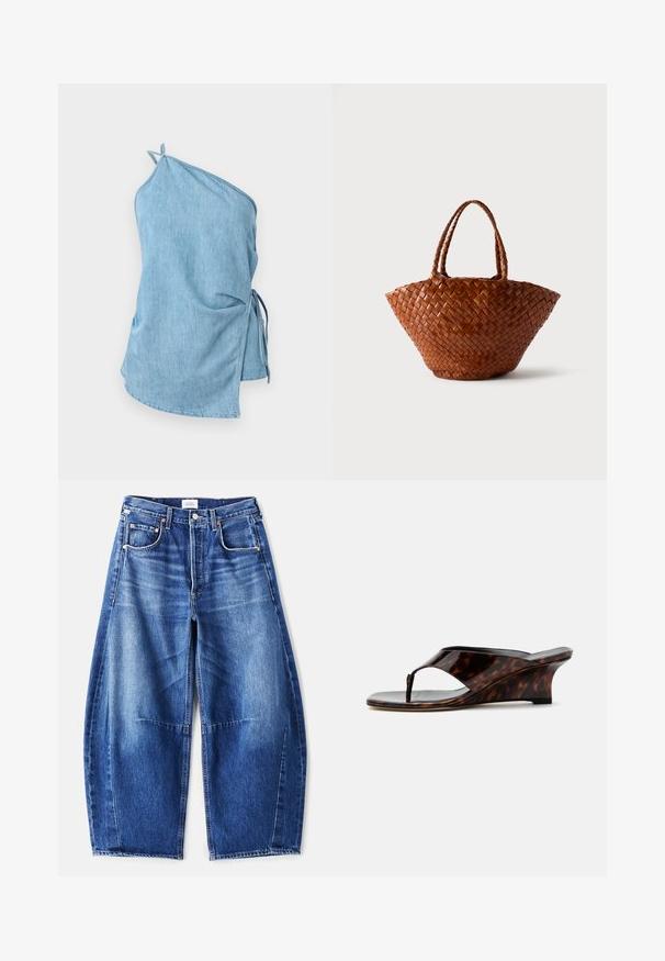 Lichtblauwe denim top met een asymmetrisch ontwerp. Voorzien van een gathered zijkant met banden en een enkele schouderband voor een stevige pasvorm.; Wijde blauwe denim jeans met een vervagende afwerking, voorzien van vijf zakken, koperen klinknagels en een rits sluiting. De stof is gestructureerd en stevig.; Dames sleehak sandaal met schildpadmotief, open teen en teenbandje, van opzij getoond op een witte achtergrond.; Bruine gevlochten leren handtas met brede bodem die naar boven toe smaller wordt en twee gevlochten handvatten, afgebeeld op een effen lichte achtergrond.