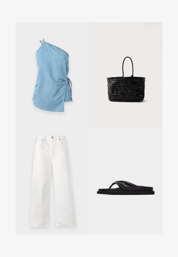 Jeansbluse i lyseblå med et asymmetrisk design. Har en samlet side med snore og en enkelt skulderrem for en sikker pasform.; Hvide vide jeans lavet af denim, med høj talje, forlommer og flæser på kanten.; Sort flad sandal med polstret krydsrem og tåstolpe, minimalistisk design på ensfarvet lysegrå baggrund.; Sort vævet lædertaske med to afrundede håndtag, stående oprejst på en ensfarvet hvid baggrund.