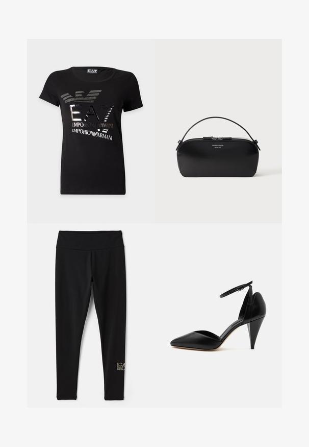 Μαύρο κοντομάνικο t-shirt με μεταλλικό ασημένιο λογότυπο EA7 Emporio Armani και στυλιζαρισμένο σχέδιο αετού στο μπροστινό μέρος.; EA7 Emporio Armani Κολάν - Παντελόνια - black/gold-coloured; Μαύρο δερμάτινο γόβα με μυτερή μύτη, λουράκι στον αστράγαλο και κωνικό τακούνι σε λευκό φόντο.; Μαύρο δερμάτινο τσαντάκι χειρός με ασημένιο φερμουάρ και κοντή λαβή, με ανάγλυφο λογότυπο Emporio Armani Milano 1981 στο μπροστινό μέρος.
