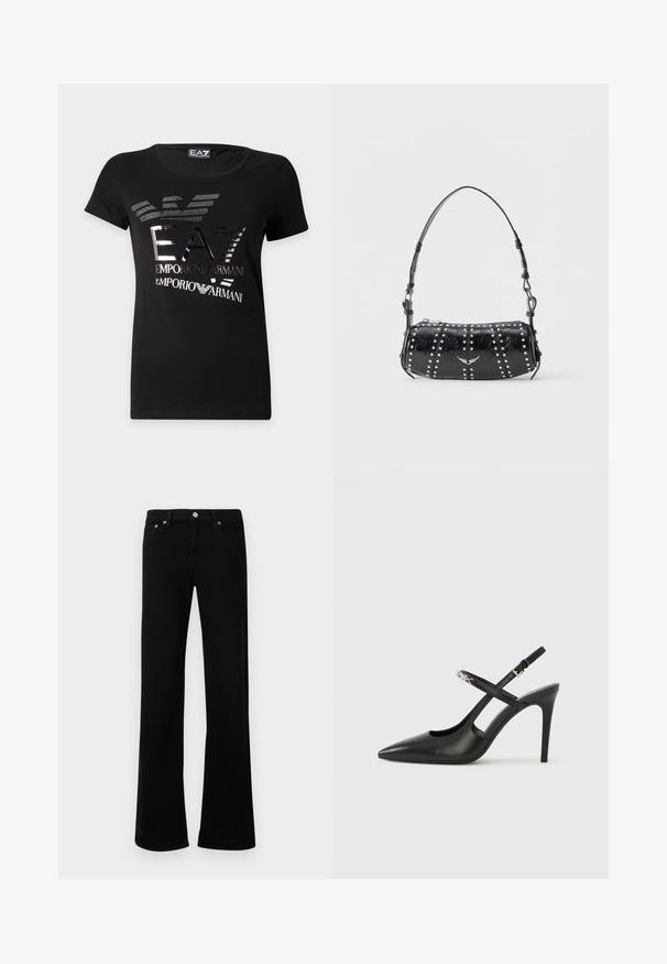 T-shirt noir à manches courtes avec logo EA7 Emporio Armani argent métallique et motif aigle stylisé sur le devant.; Jean évasé noir en mélange de coton, doté d'un design classique à cinq poches, d'une fermeture à bouton métallique et de détails de couture subtils.; Escarpins slingback en cuir noir avec bout pointu, design ajouré et bride ajustable ornée de ferrures métalliques.; Sac d'épaule en cuir verni noir orné de clous argentés disposés en rangées verticales et d'un petit emblème d'oiseau argenté au centre devant.