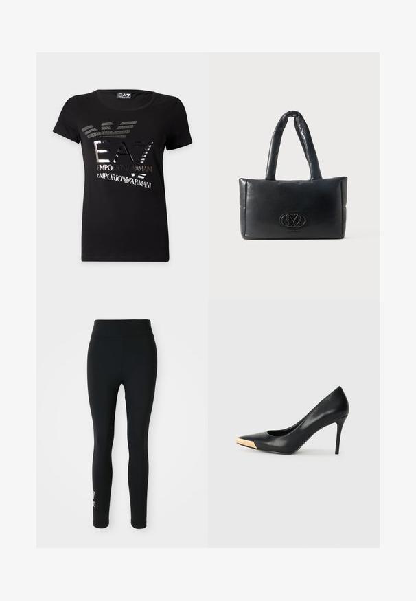 Sort kortærmet t-shirt med metallisk sølv EA7 Emporio Armani-logo og stiliseret ørnegrafik på forsiden.; Sorte leggings lavet af strækbart stof, med en høj talje og et lille trykt logo på det ene ben. Glat tekstur, tætsiddende design.; Sort læder stiletter med spids tå; har et metalisk guldakcent på tåkapperne. Glat overflade med et strømlinet design.; Sort rektangulær polstret håndtaske med to polstrede håndtag og et centralt præget logo på frontpanelet.