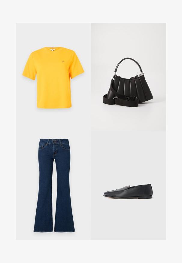 T-shirt jaune vif à manches courtes avec col rond et petit logo rectangulaire sur le côté gauche de la poitrine.; Jean flare bleu foncé en denim, avec fermeture éclair et double bouton, poches avant et détails cousus le long des côtés.; Mocassins en cuir noir à texture lisse, bout arrondi et détails de couture subtils. Ils présentent un accent logo doré sur le côté supérieur.; Sac à main plissé noir avec une poignée arrondie, une bandoulière réglable et une texture brillante. Présente des accessoires en argent et une silhouette structurée.