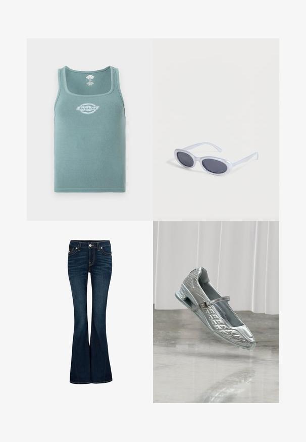 Ärmelloses, geripptes Tanktop in gedämpftem Teal mit quadratischem Ausschnitt und weißem Dickies-Logo, das mittig auf der Brust platziert ist.; True Religion Flared Jeans - indigo upgrade; Ein einzelner silberner Mary Jane Schuh mit strukturiertem Design und Schnallenriemen, schwebend über einem reflektierenden Boden mit weißen Vorhängen im Hintergrund.; Ovale Sonnenbrille mit weißem Rahmen und dunkel getönten Gläsern, die auf einer weißen Oberfläche liegen.