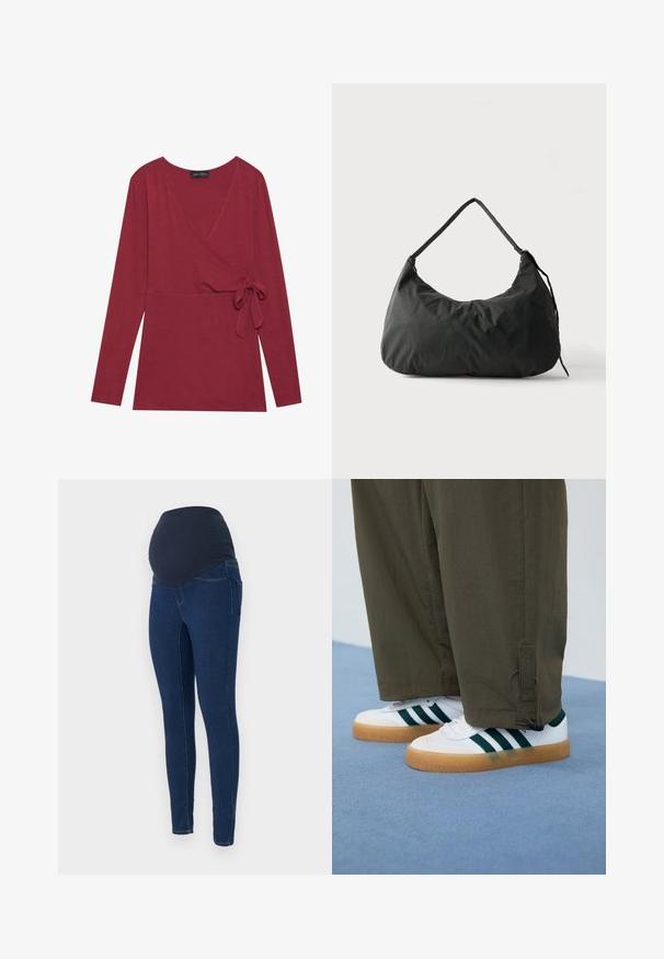 Langsleeve, wikkeltop in diep rode stof. Heeft een V-halslijn en een zijdelings knoopdetail. Zachte textuur en een getailleerde silhouet.; Zwangere jeans in donkerblauwe denim, met een rekbare donkere tailleband en een slim-fit ontwerp met zakken.; Witte sneakers met groene strepen, met rubberen zolen van gum, gecombineerd met olijfgroene, tapering broek met enkelsluiting.; Zwarte zachte stoffen schoudertas met één riem en licht gekreukelde textuur tegen een effen lichte achtergrond.